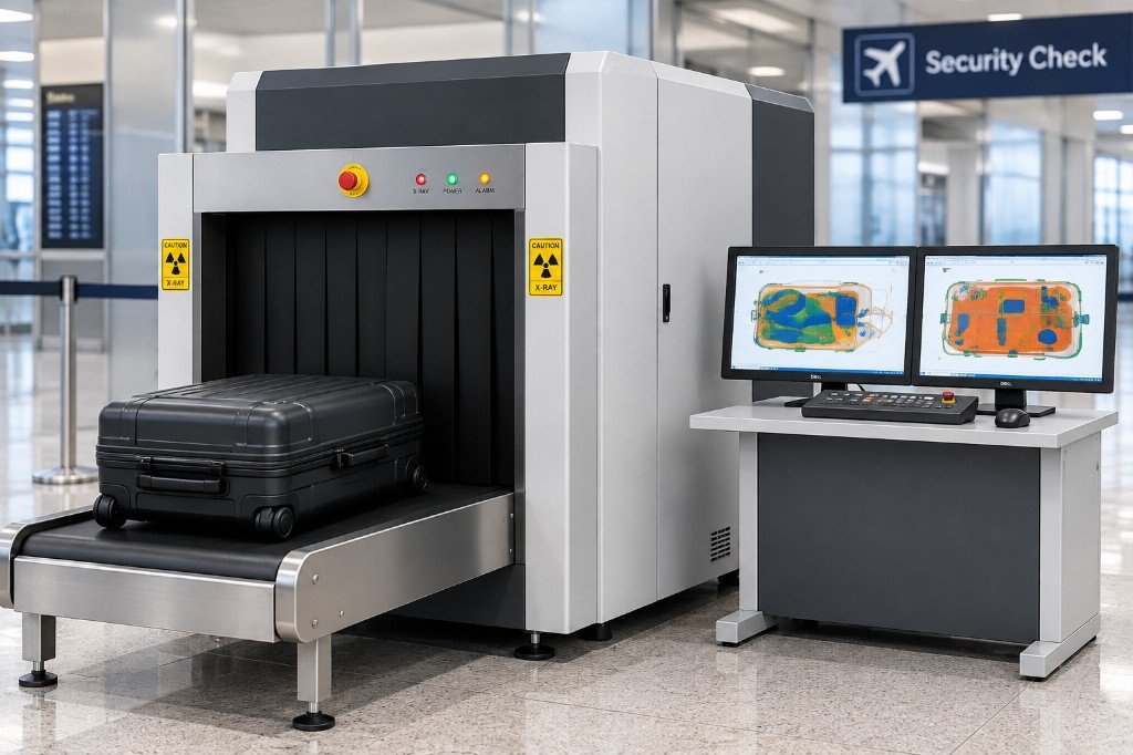 Airport security X-ray baggage inspection system with conveyor belt and operator monitors