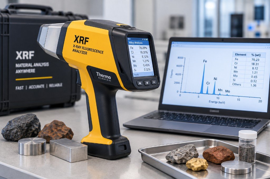 Handheld X-ray fluorescence analyser for material and alloy analysis